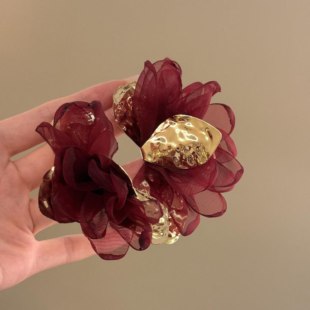 Retro Red Fabric Chiffon Flower Earrings Earrings Exaggerated Earrings Design Sense Niche