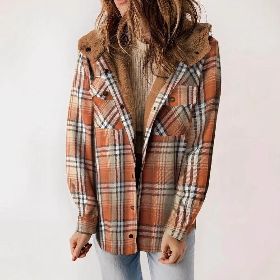 Fall Winter Women's Plaid Jacket Long Sleeve Hooded Cozy Coat with Pockets