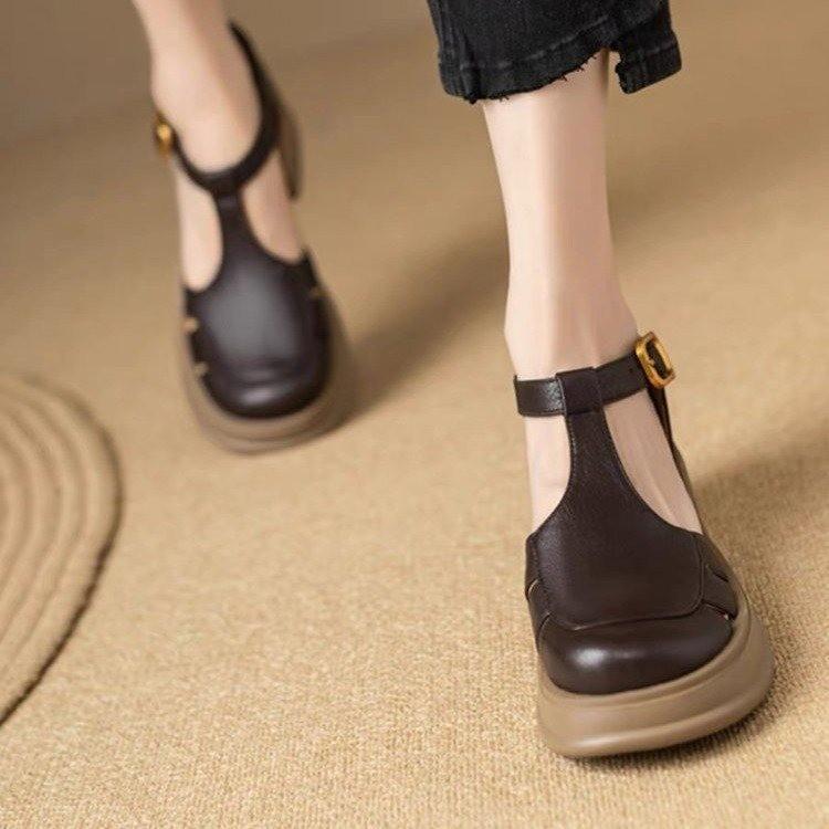 

Сандалии женские на толстой подошве с застежкой-мешком, лето 2025, новые модные ретро-туфли с Т-образным вырезом и толстым каблуком, римские туфли 39 темно-коричневого