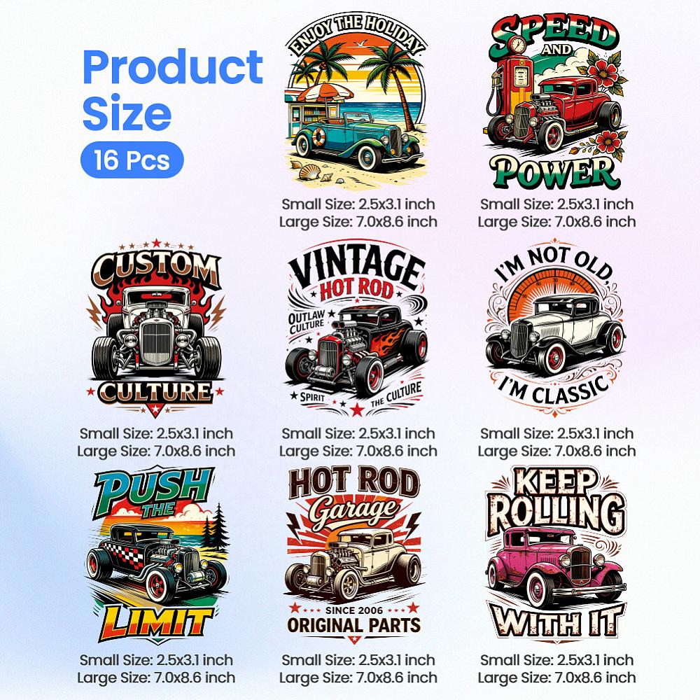 16Pcs 16 Styles Plastic Heat Transfer Film Logo Stickers Set for DIY T-Shirt Car 80x220x65~180mm 1pc/style