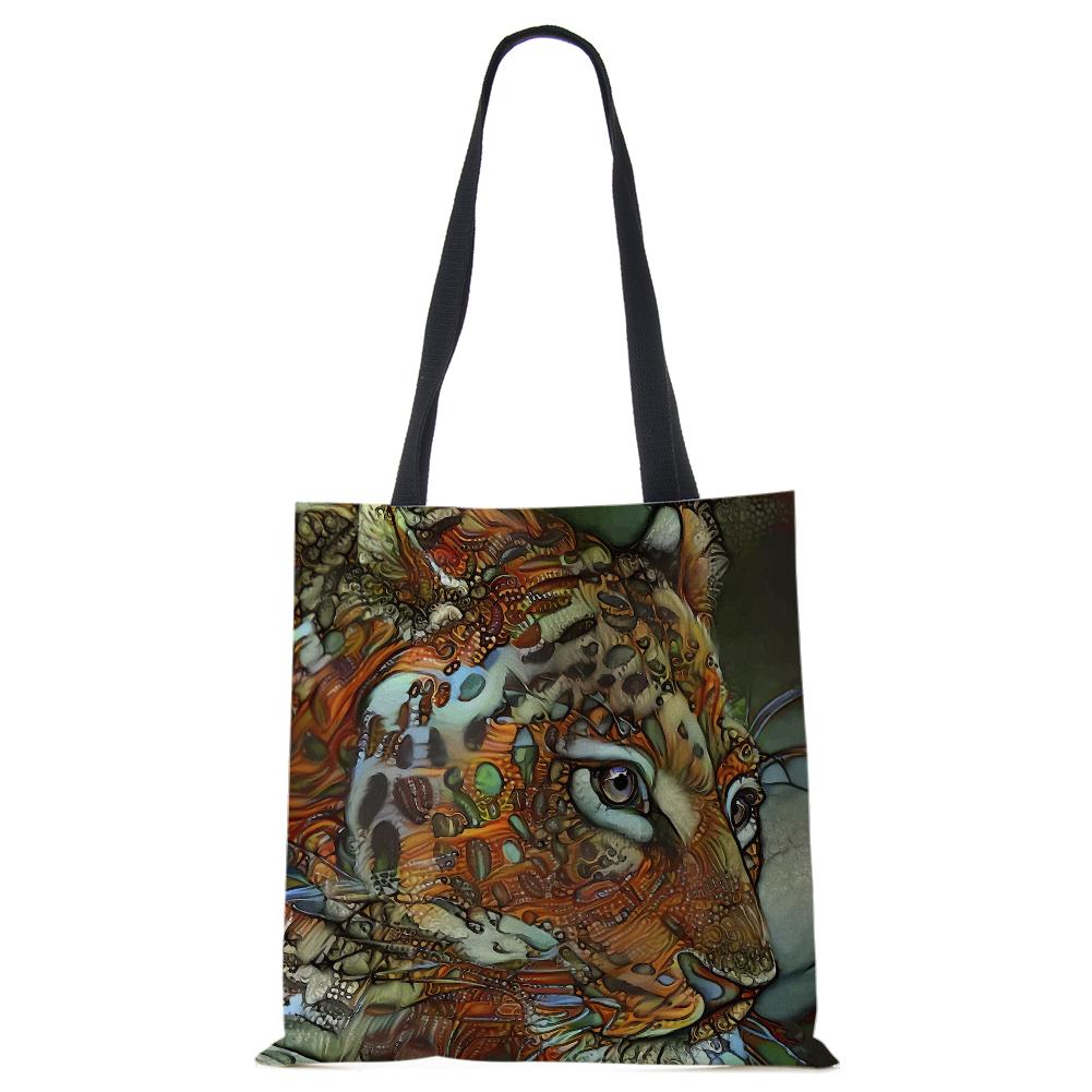 Spaudinys ant drobės nešiojamas ant peties krepšio leopardo pelėda, daugkartinio naudojimo laisvalaikio pirkėjo rankinė 2022 m. Moterų kelionių mokyklos sulankstomi paplūdimio krepšiai