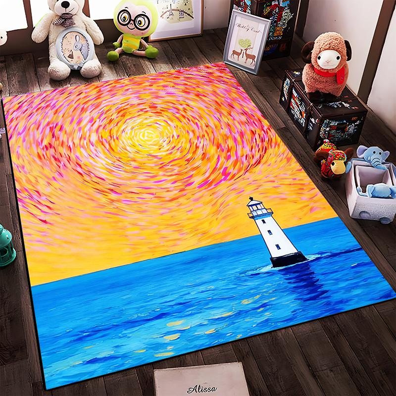 Colorful Lighthouse Sunset Design Carpet with Ocean and Sky Pattern Suitable for use as an anti-slip for living room bedroom sofas