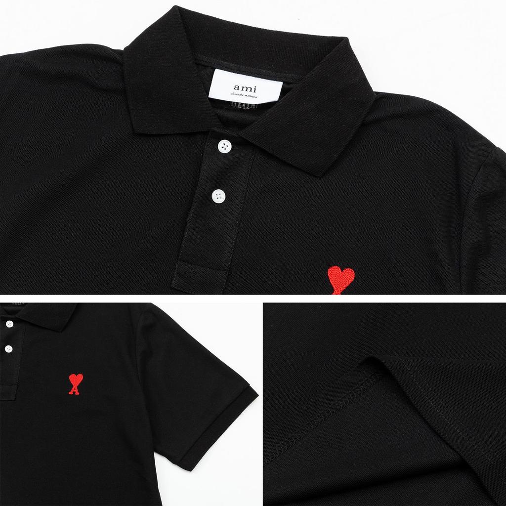 AMI Jarní a letní límeček Klasická výšivka srdce Písmeno A Broskvové srdce Čistá bavlna Pánská polokošile s krátkým rukávem