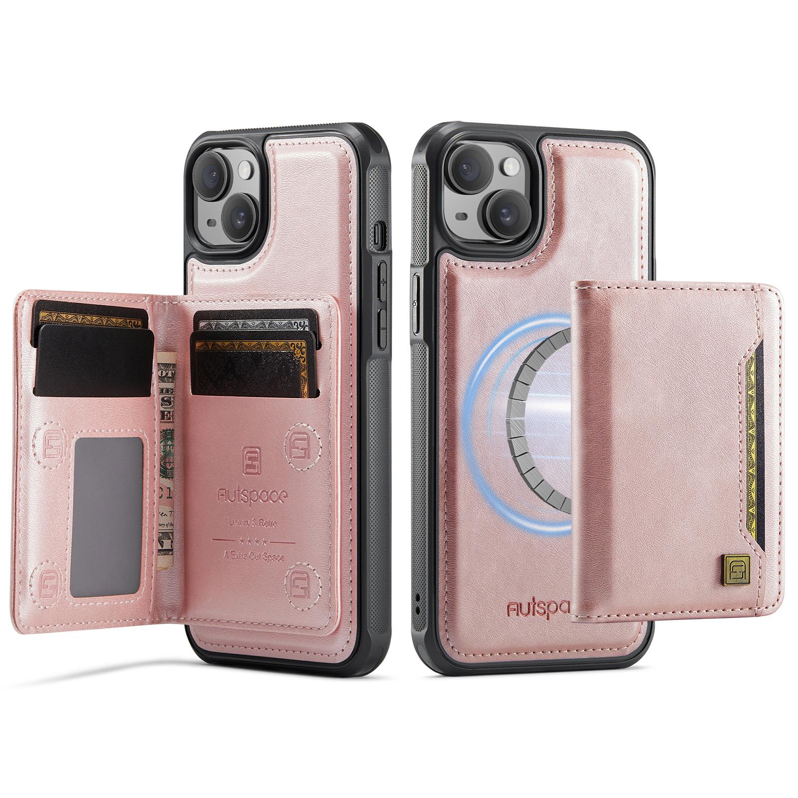 

Чехол для iPhone 14 Plus AUTSPACE A13 Винтажная кожаная задняя крышка со съемным магнитным карманом для карт Rose Gold