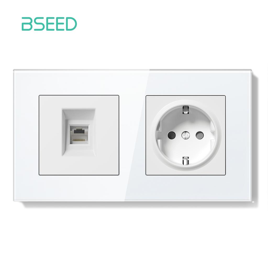 BSEED Dual Internet Sockets Single CAT6 Wall Socket EU Power Sockets Plus Network Data Computer Connecter Outlets Glass Panel