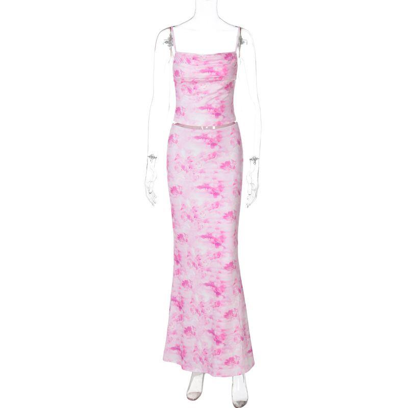

European and American Women s Clothing 2025 Summer New Sexy Print Bandeau Sling Tops Fashion Sexy Skirt Suit Pink L