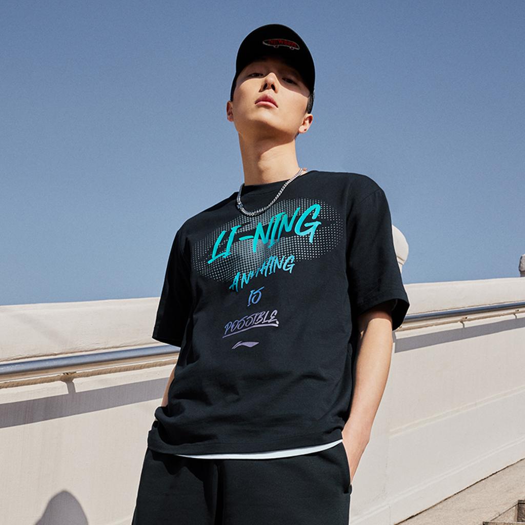 Li Ning Sports Lifestyle Series High Street American Vintage Letter Print Loose Comfortable Short Sleeve T-Shirt Unisex Tops Black AHSU741-2