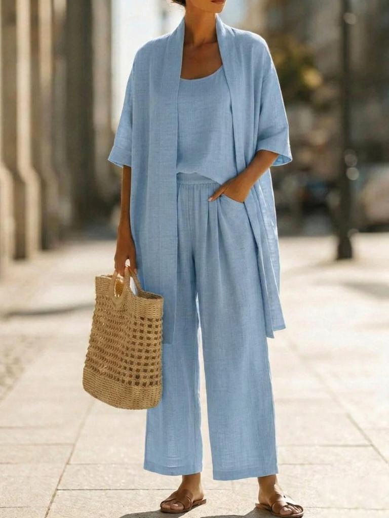 Sommer Neues Gerader Schnitt Einfarbige Reiseurlaub Bequem Freizeit Temperament Dreiteiliges Set Outfit