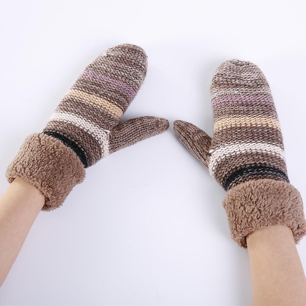 Mittens Striped Mixed Color Warm Gloves Autumn and Winter New Women's Knitted Wool Plus Velvet Thickened Warm Wrist Sleeves