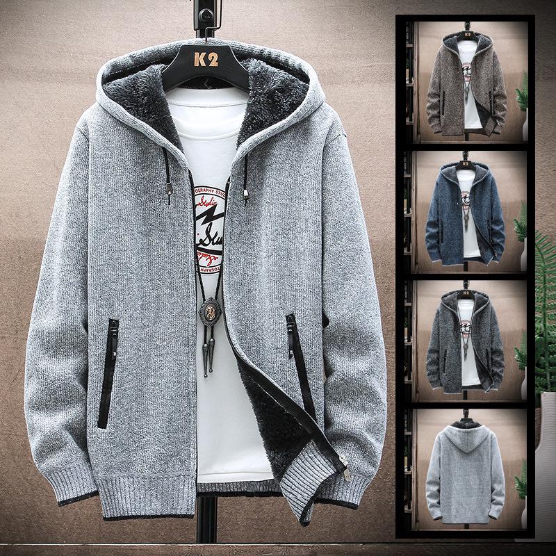 Men's Versatile Zipper Pocket Hooded Thick Knit Jacket for Autumn & Winter