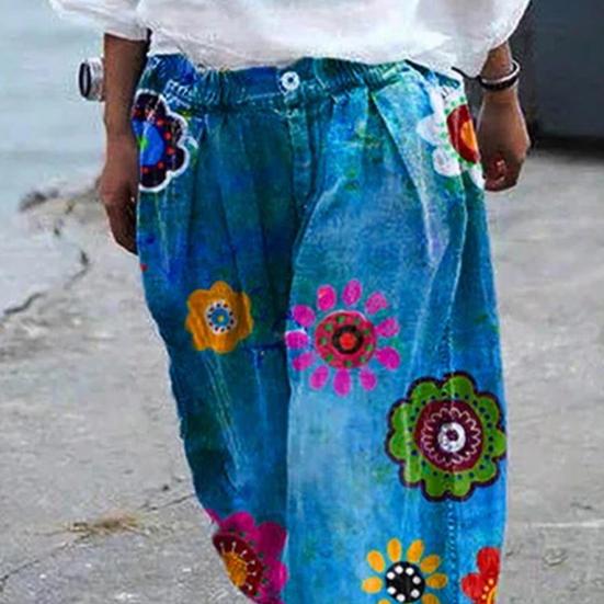 Spodnie Damskie Wiosna Lato Luźny Krój Wzór Kwiatowy Średni Stan Casualowe Wygodne Oddychające