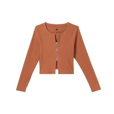 Sportswear Chill Knit Zip-Up V-Neck Slim Fit Ribbed Long Sleeve Sweater Women Tops Sunrise-Red FN3683-825