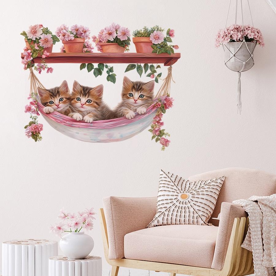 Artistic Potted Plant Kitten in Hammock Wall Stickers, Self-Adhesive Decor for Study Room Bedroom Kids Room Decoration
