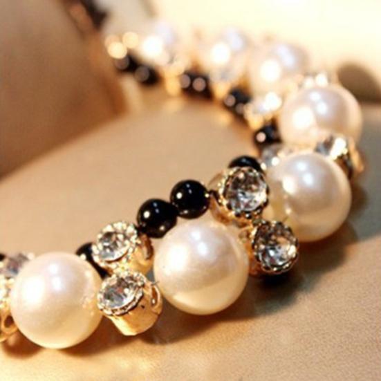 Kvinner mote dobbel rad Faux Pearl Justerbar Ribbon Chain Choker halskjede