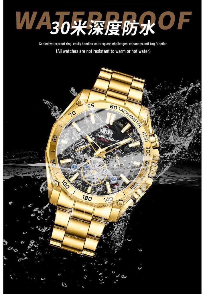 BINBOND Men's Luminous Trendy Tourbillon Watch with Steel Band, Three Dials & Six Hands