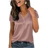 Women's Satin Short Sleeve Casual Blouse V Neck Button Detail Relaxed Fit Lightweight Top for Everyday Wear