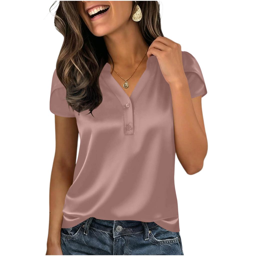 Women's Satin Short Sleeve Casual Blouse V Neck Button Detail Relaxed Fit Lightweight Top for Everyday Wear