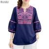ZANZEA Womens Casual V-Neck 3/4 Sleeve Loose Print Blouse