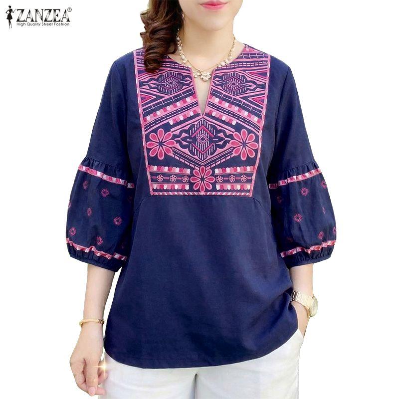 ZANZEA Womens Casual V-Neck 3/4 Sleeve Loose Print Blouse