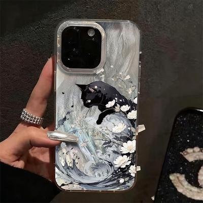 Spring Series Pear Blossom Black Cat Case For Samsung Galaxy A16 A26 A36 A56 A35 A55 A54 A53 S25 Ultra S24 FE S23 Plus S22 Cover
