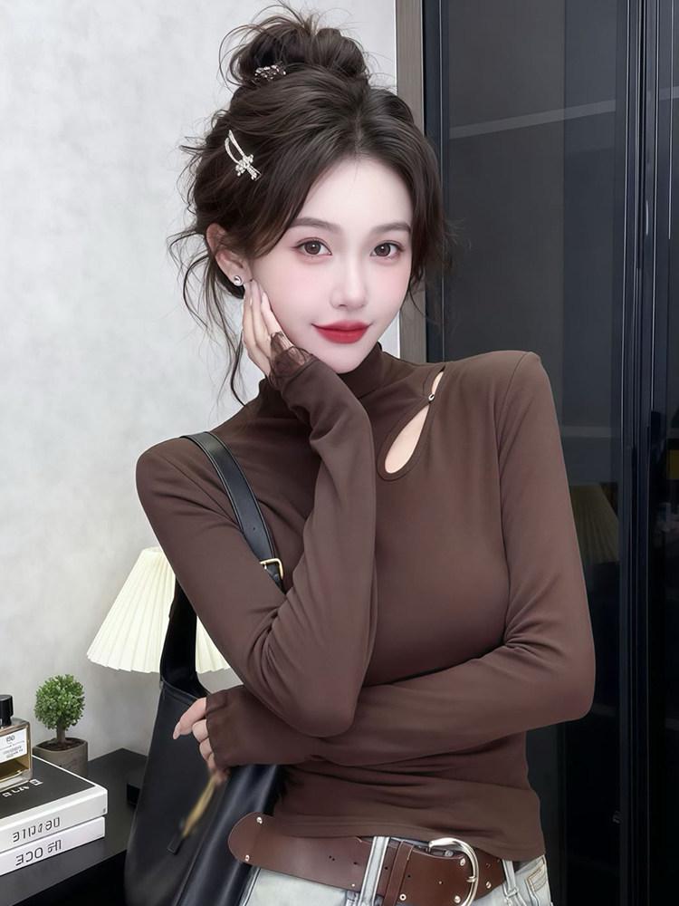 Damen Elegante Schlanke Passform Hoher Kragen Cut-Out Fleece Thermo-Unterhemd - Langarm Herbst/Winter Oberteil