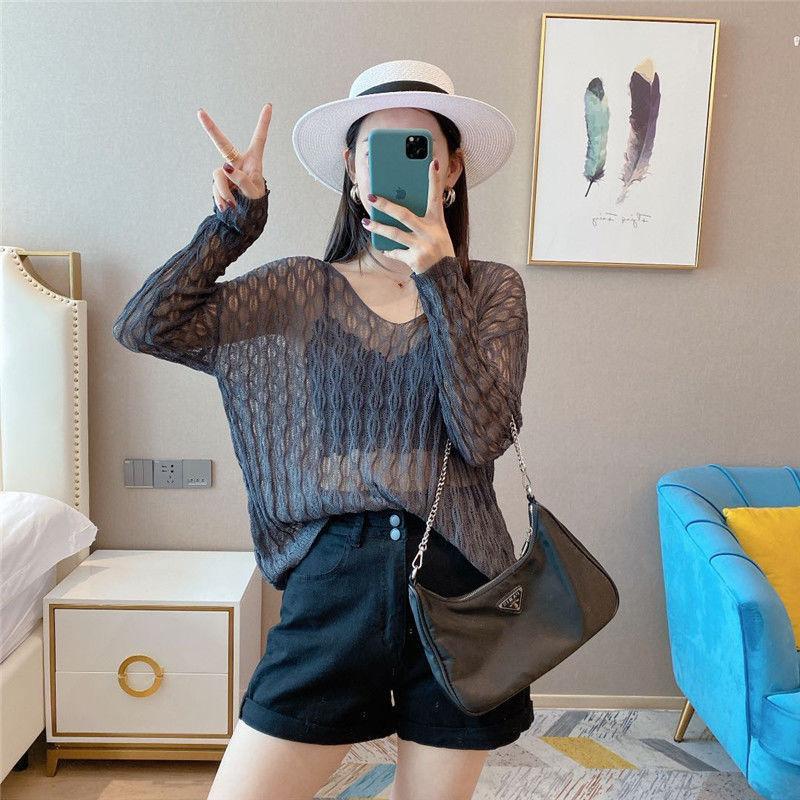 Summer Sexy Perspective Hollow Knitted Sweater Women's Thin Pure Desire Versatile Outer Wear V-neck Long-sleeved Top Blouse Loose