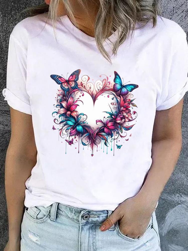 (Asian Size) Butterfly Flower Short Sleeve T-shirts Printed Clothing Lady Female Top Casual T Shirt Fashion Women Graphic Tee