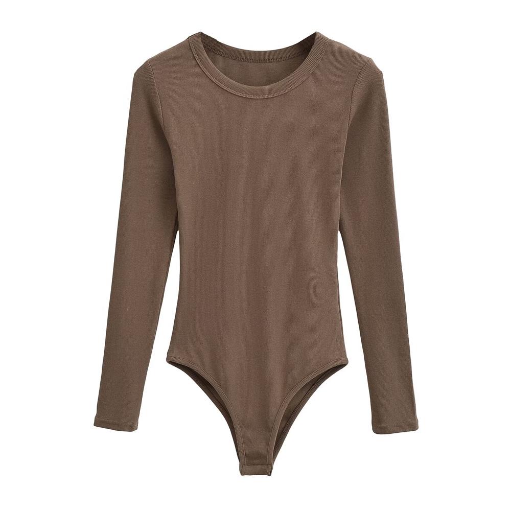 YPFF Trendy Women's Solid Color Slim Fit Round Neck Long Sleeve Bodysuit