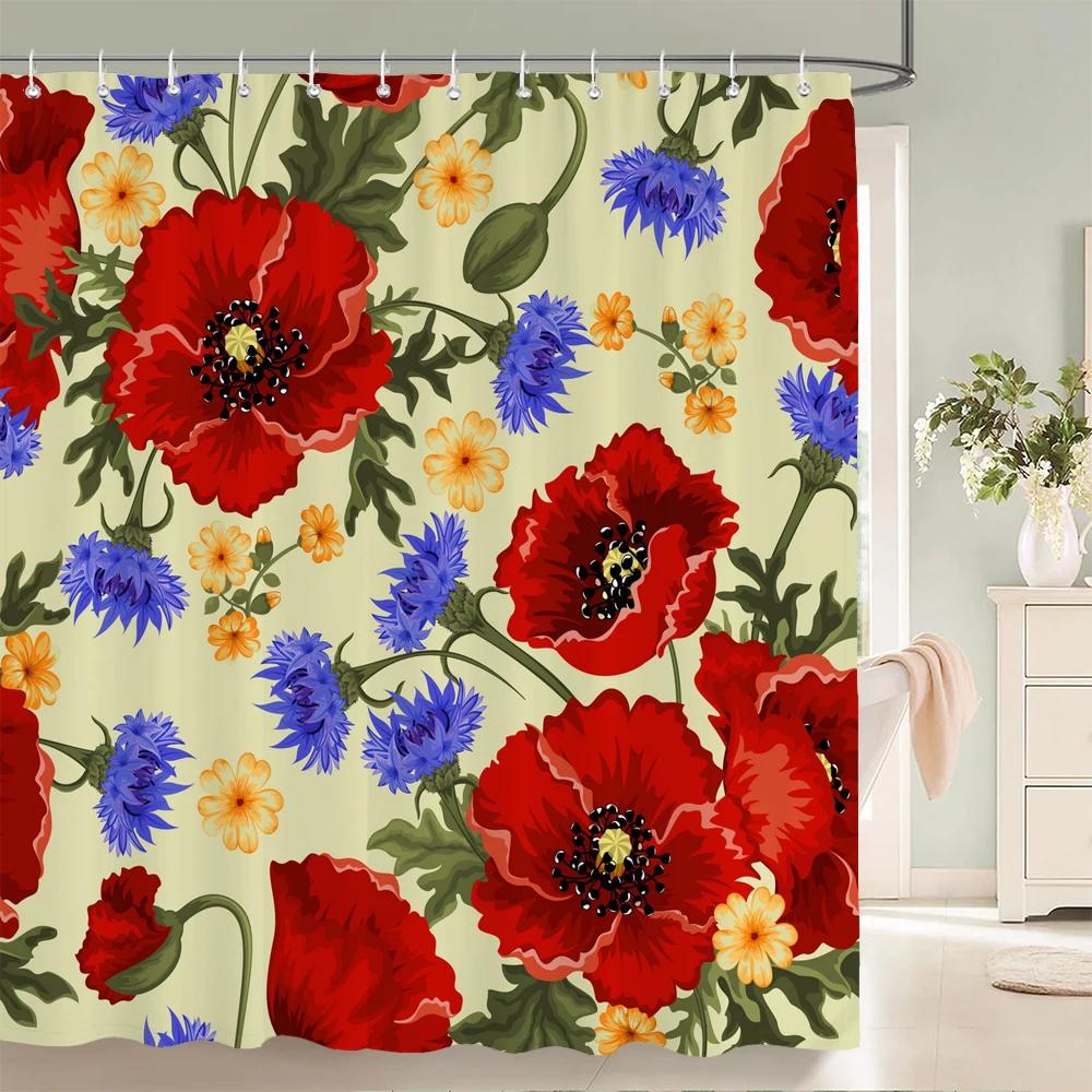 Red Flowers Shower Curtains Waterproof Fabric Floral Bath Curtains For Bathroom Bathtub Large Wide Bathing Cover With Hooks