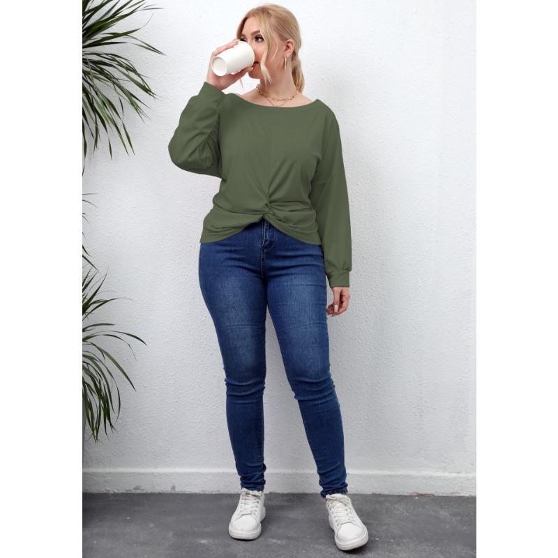 חולצה לנשים באביב ובסתיו עם שרוול ארוך במידות גדולות, צבע אחיד צלב לא סדיר חולצות קז'ואל נשים