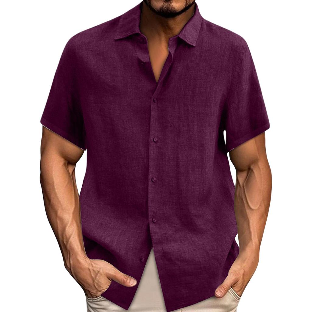 Spring Summer Men's Casual Cotton Linen Color Short Sleeve Shirts Loose Shirts