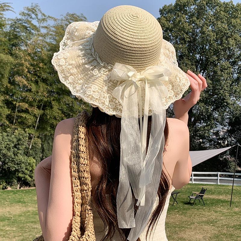 Summer Bow Sun Hat Female, Seaside Beach Vacation Sun Hat Outdoor Big Brim Sun Hat Sweet Straw Hat