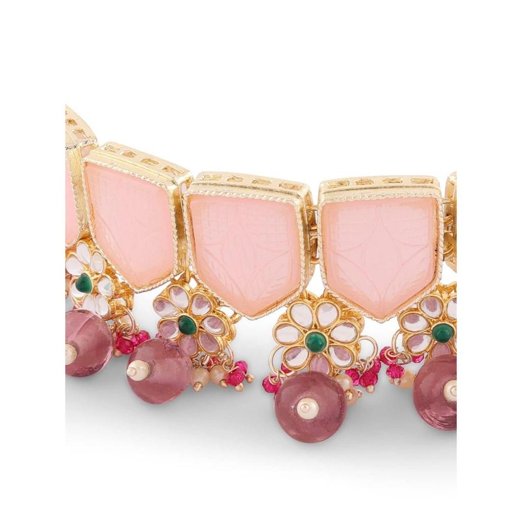 Rosa-grüne Steine, Perlen, Kundan-Choker-Halskette, Ohrringe und Ring-Set für Frauen