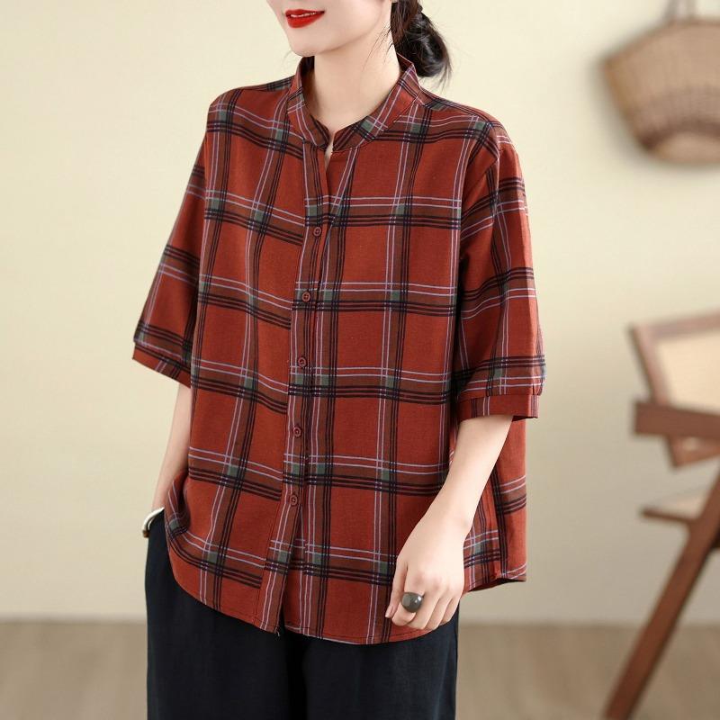 Cotton and Linen Plaid Shirt Summer New Retro Loose and Versatile V-neck Stand-up Collar Short-sleeved Shirt