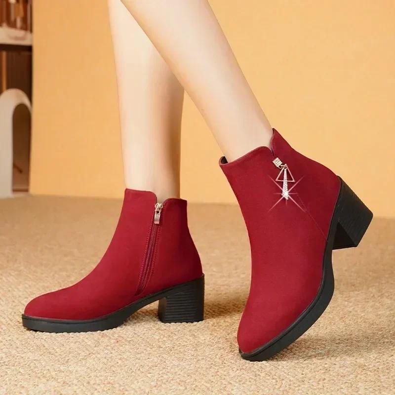 Fashion 2025 New Fall-Winter Fashion Solid Color Ankle Boots Round Toe Square Heel Side Zipper Solid Color Casual Boots Keep Warm 35-41