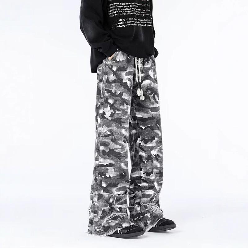 American Retro Dirty Dyed Camouflage Overalls Men's Vibe Trendy High Street Niche Destruction Stacking Wide Leg Casual Pants