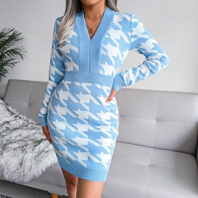Frauen Herbst Winter Hahnentritt Pack Hüfte V-ausschnitt Langarm Hohe Taille Gestrickte Kleid SL