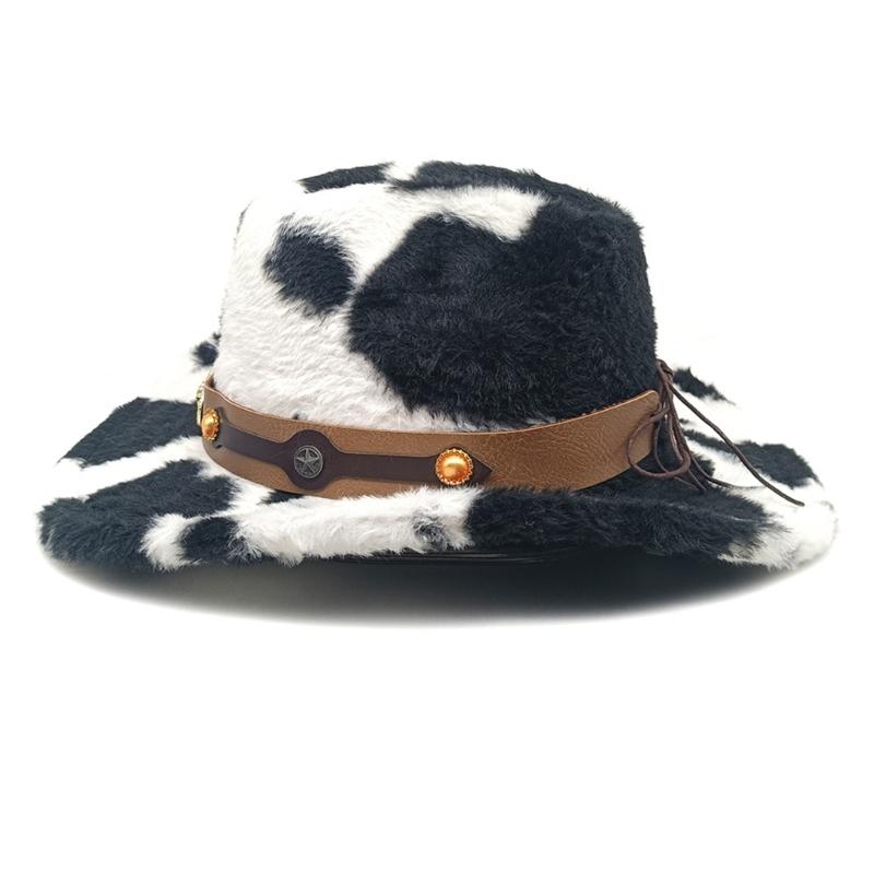 Winter Plush Cowboy Hats with Cow Pattern Design for Women Men Unisex Cold Weather Wide Brims Western Cap Party Props