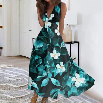 Women's Summer Fashion Retro Print V-Neck Sleeveless Long Dress
