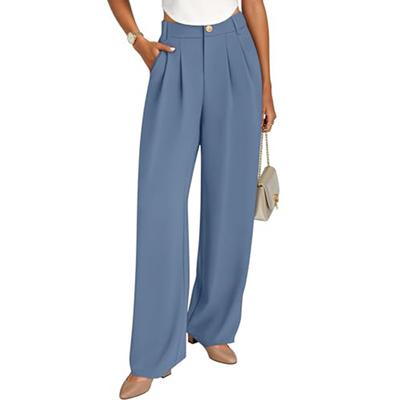 Damen Elastische Hose mit Hohem Bund Lässige Passform Weites Bein Lange Hose Hose mit Taschen