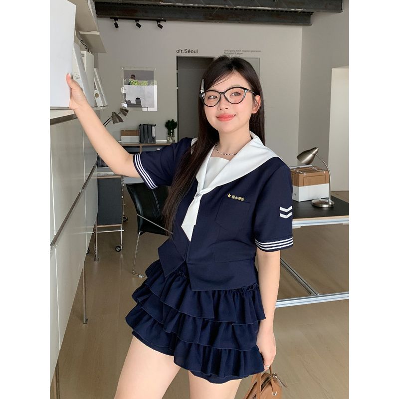 Achai's Plus size JK Original Preppy Sailor Collar Sailor Suit Slimming Versatile Cake Skirt Short dress Set Summer