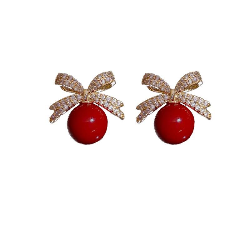

Korea Dongdaemun retro diamond-encrusted bow pearl stud earrings women, exquisite temperament earrings versatile earrings темно-червоний колір