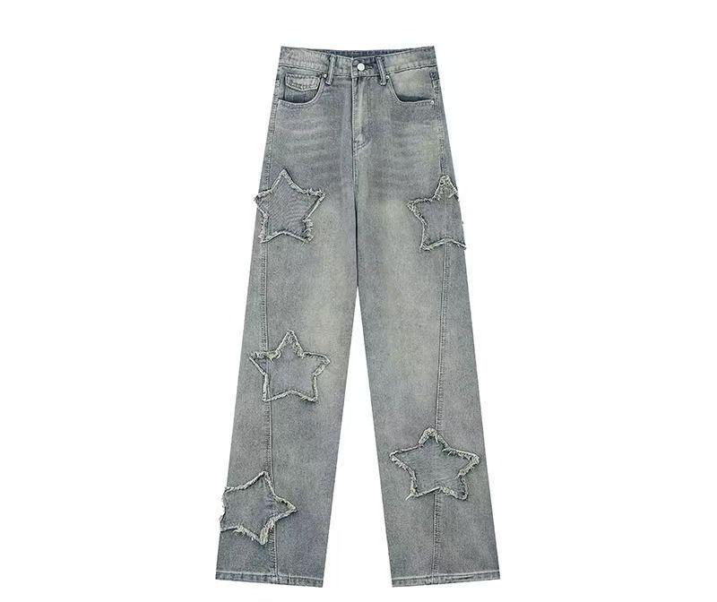 

Women s Trendy Retro Star Patch Denim Pants - Autumn/Winter Loose Straight Leg 2XL