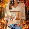 Women's Casual V-Neck Three-Quarter Sleeve Top with Halloween Print