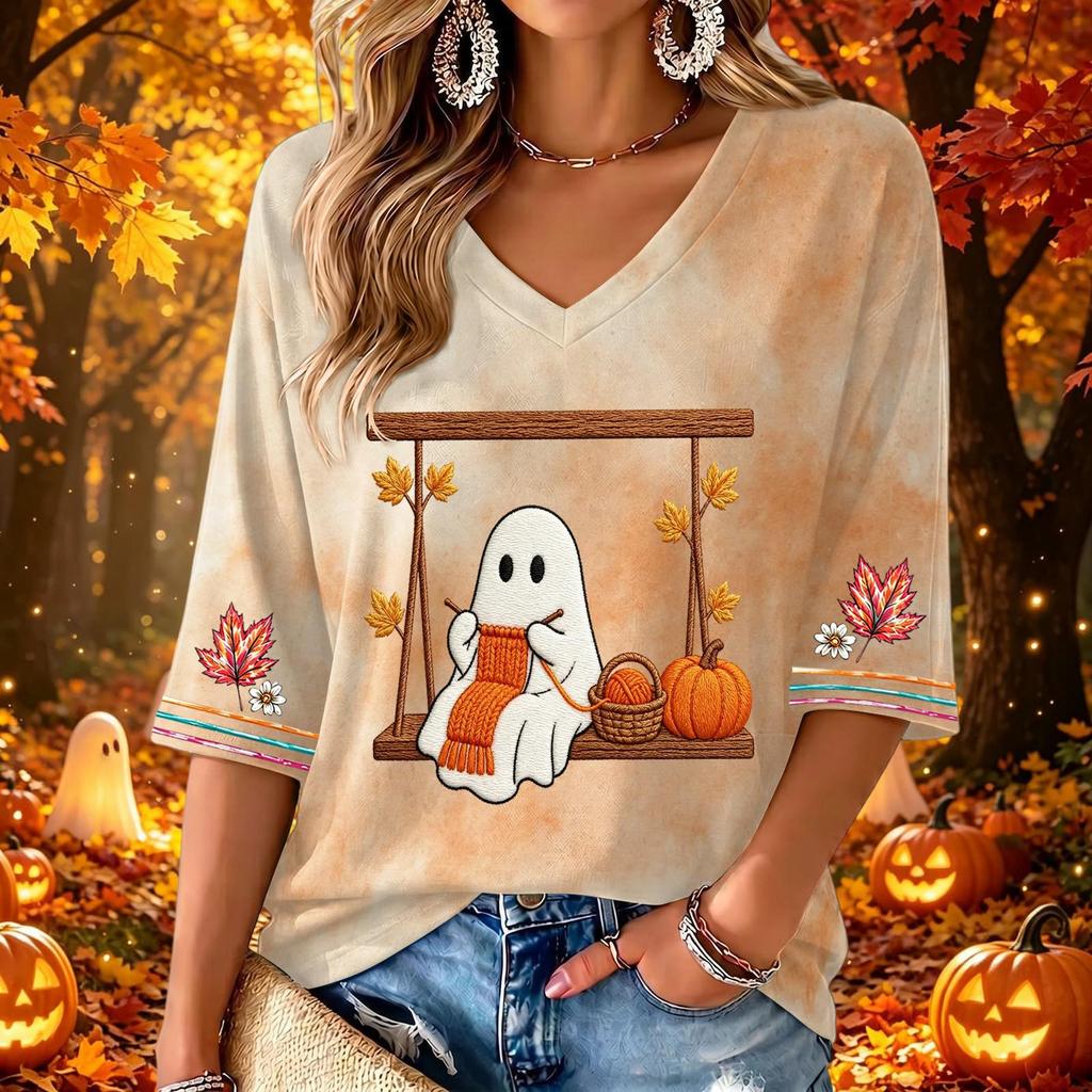 Women's Casual V-Neck Three-Quarter Sleeve Top with Halloween Print