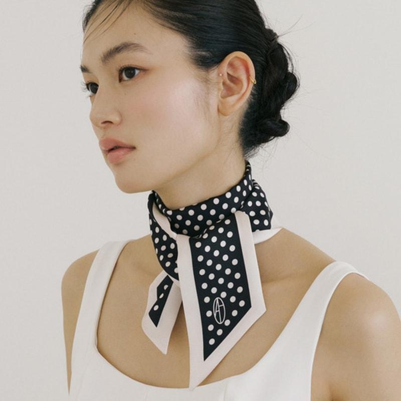 AVVINA PELLE Dot Long Twilly Silk Scarf - Cream/Black