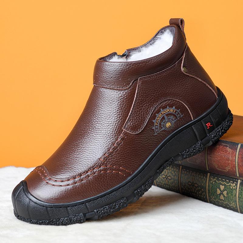 

Winter first layer cowhide wool men s cotton shoes velvet warm men s leather shoes middle-aged dad men s shoes durable 44