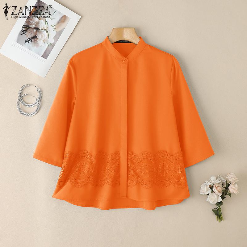 ZANZEA Női alkalmi álló galléros 3/4 ujjú bő csipke patchwork blúz