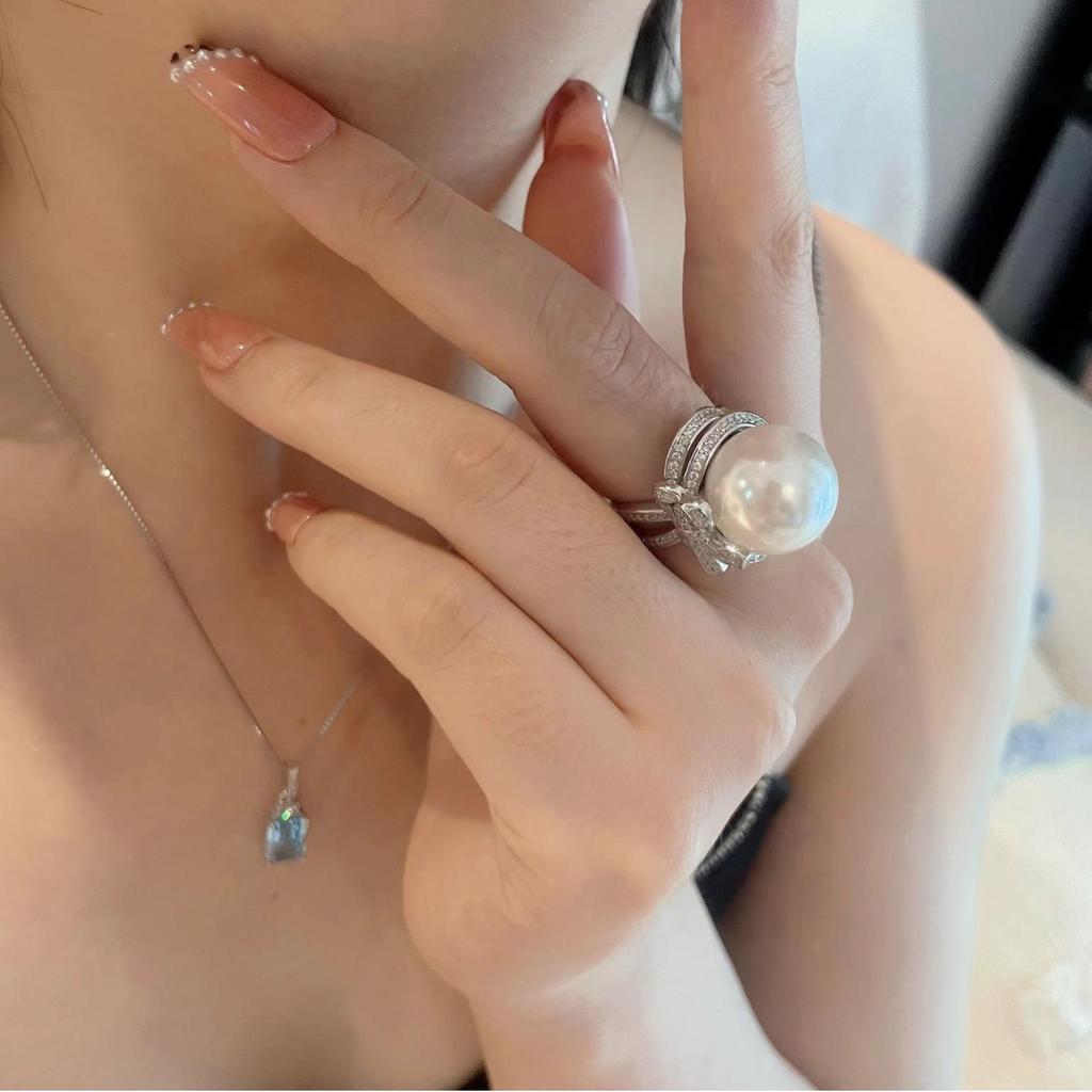 Natural Baroque Pearl Full Diamond Bow Open Ring for Women - High-End Fashion Bestseller