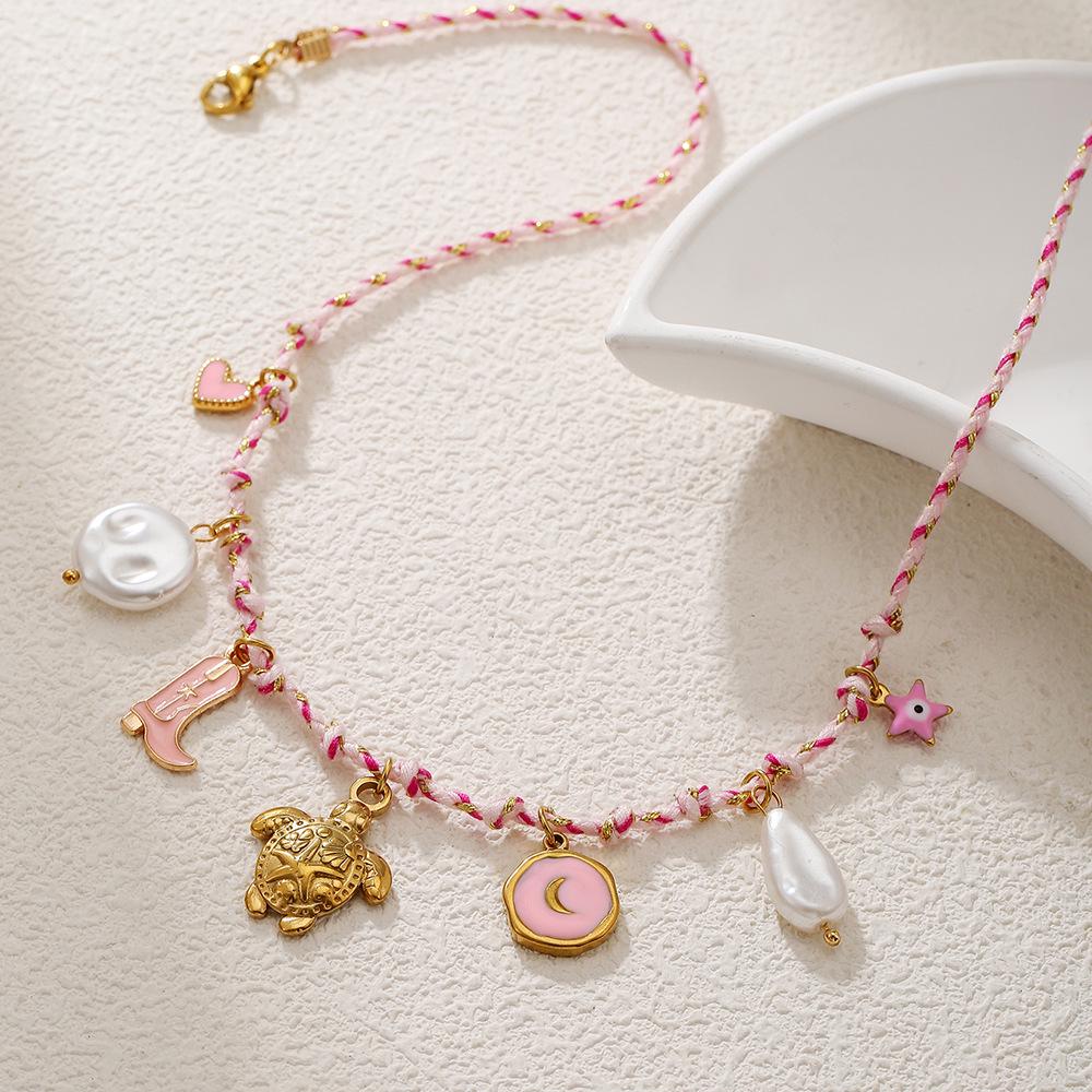 Summer Starfish & Pearl Heart Sea Turtle Pendant Necklace - Dopamine Stainless Steel Clavicle Chain